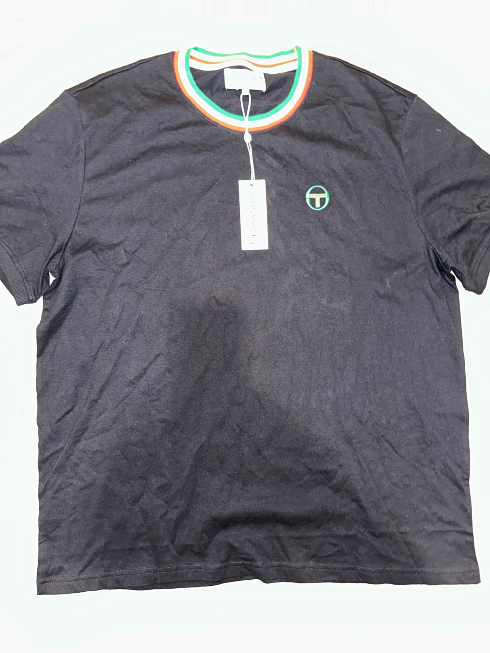 Sergio Tacchini Black Tee with Green Logo and Tricolor Collar